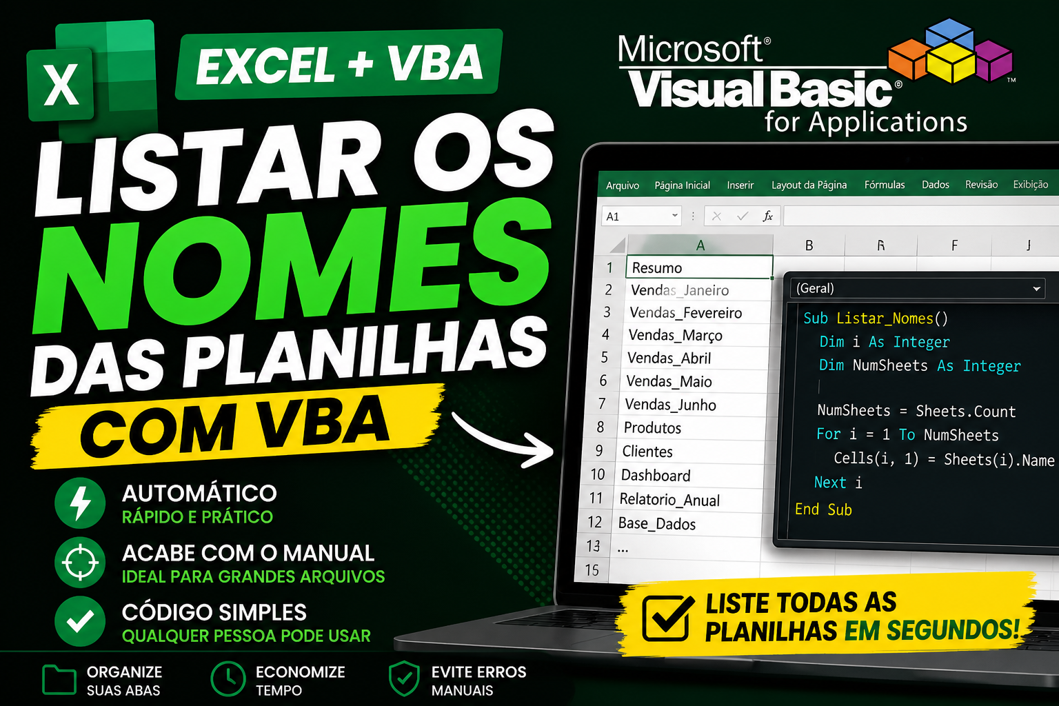 Listar os nomes das planilhas Excel com VBA (passo a passo simples)